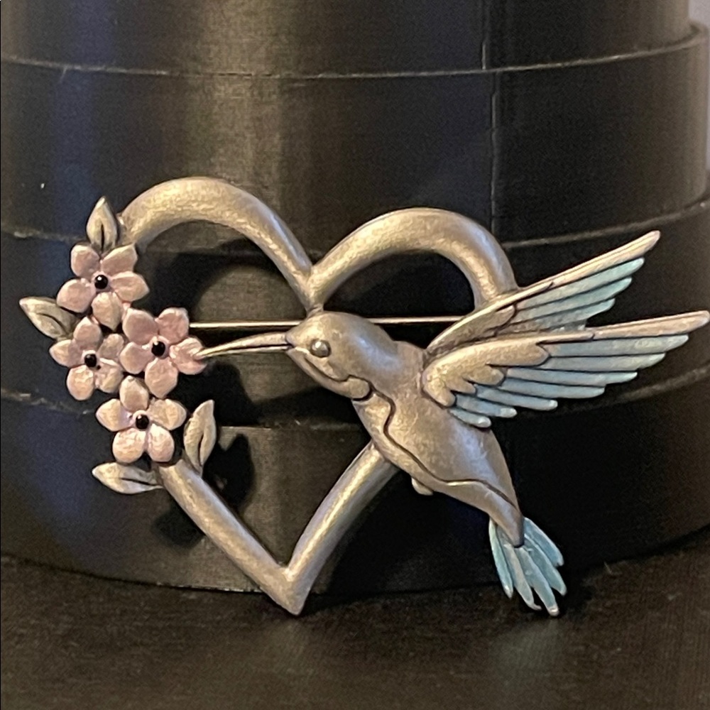 🍄Vintage JJ Jonette Pewter Blue Hummingbird Pink Floral Heart Brooch - Picture 3 of 8